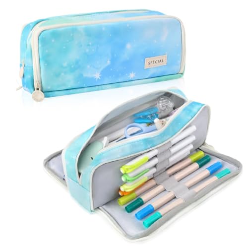 Parshya Large Pencil Case 3 Compartments Pencil Pouch Big Capacity Pencil Bag Oxford Stationery Storage Pen Bag Cosmetic Makeup Pouch for Women (Rainbow Blue) - Image 1