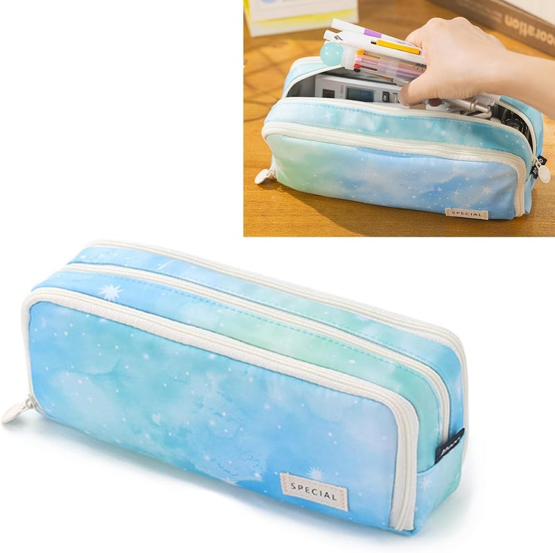 Parshya Large Pencil Case 3 Compartments Pencil Pouch Big Capacity Pencil Bag Oxford Stationery Storage Pen Bag Cosmetic Makeup Pouch for Women (Rainbow Blue) - Image 2