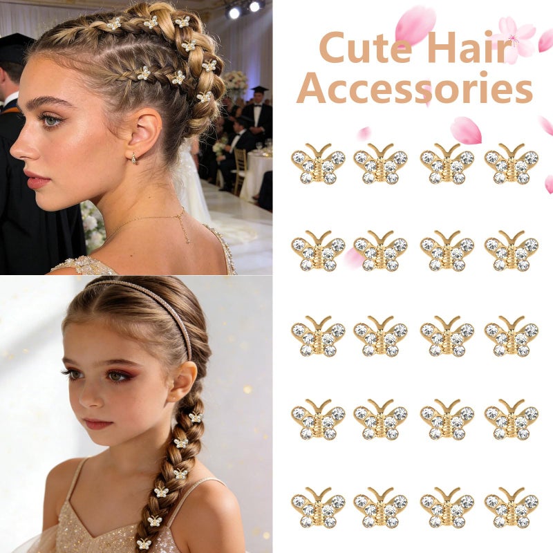YISSION Mini Gold Crystal Butterfly Hair Clips - 20 Pcs Rhinestone Tiny Hair Barrettes for Women Girls, Decorative Small Hair Pins for Wedding Bridal Prom Party Hairstyles - Image 3