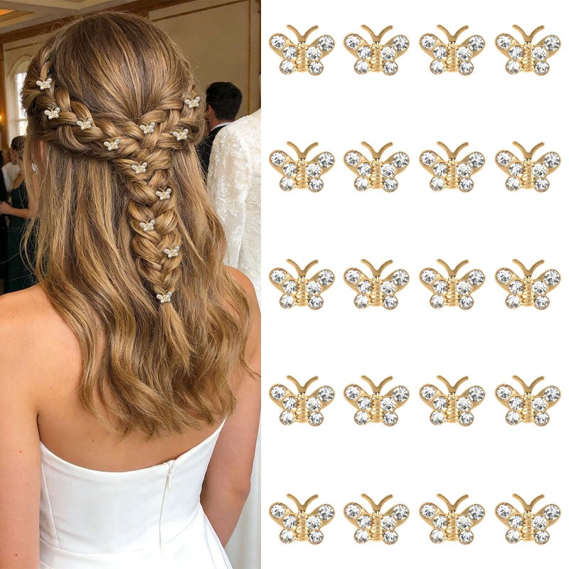 YISSION Mini Gold Crystal Butterfly Hair Clips - 20 Pcs Rhinestone Tiny Hair Barrettes for Women Girls, Decorative Small Hair Pins for Wedding Bridal Prom Party Hairstyles - Image 1