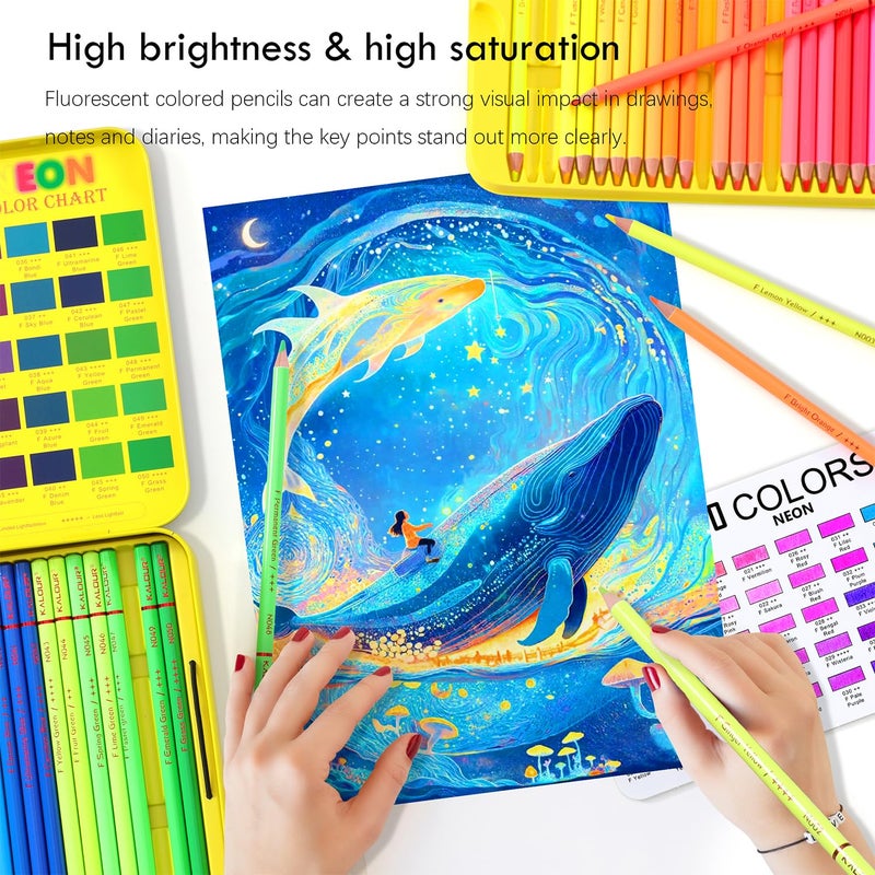 KALOUR PDAS 50 Neon Colored Pencils for Adult Coloring Books, Fluorescent colored Professional Drawing pencils Set Art Supplies Kit for Adults Beginners Artists, Soft Core - Image 2