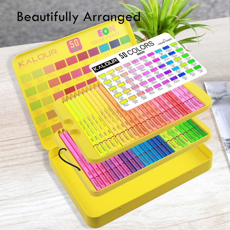 KALOUR PDAS 50 Neon Colored Pencils for Adult Coloring Books, Fluorescent colored Professional Drawing pencils Set Art Supplies Kit for Adults Beginners Artists, Soft Core - Image 5