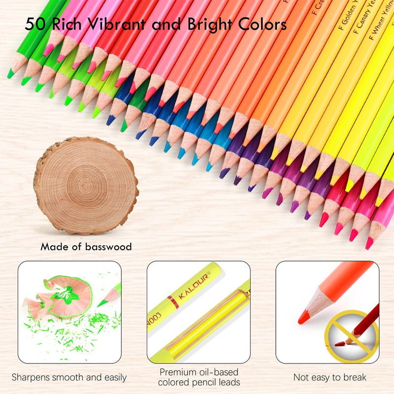 KALOUR PDAS 50 Neon Colored Pencils for Adult Coloring Books, Fluorescent colored Professional Drawing pencils Set Art Supplies Kit for Adults Beginners Artists, Soft Core - Image 3