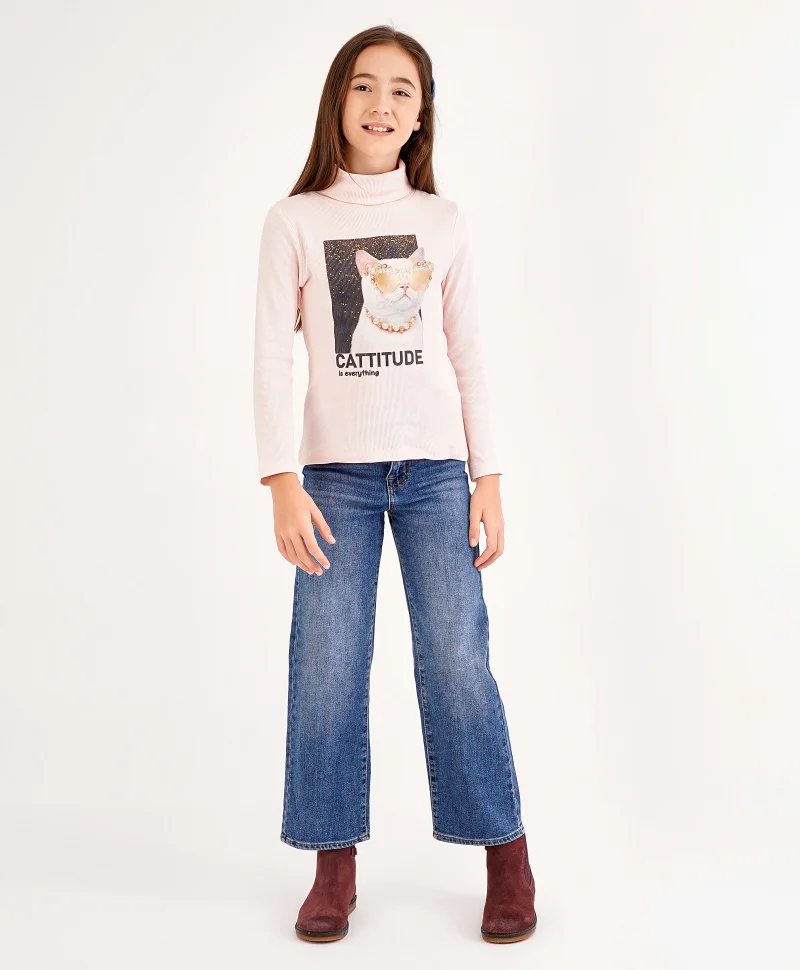 Primo Gino Primo Gino Cotton Elastane Rib Full Sleeves Turtle Neck T-Shirt With Digital Print Technique - Pink