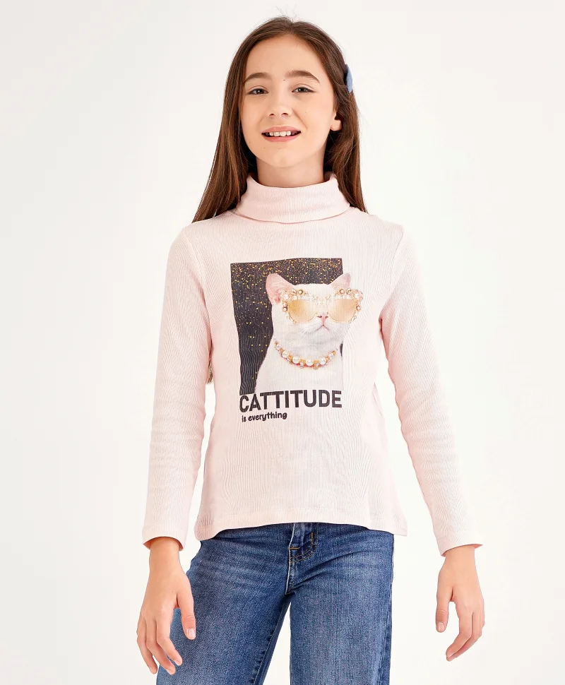 Primo Gino Primo Gino Cotton Elastane Rib Full Sleeves Turtle Neck T-Shirt With Digital Print Technique - Pink