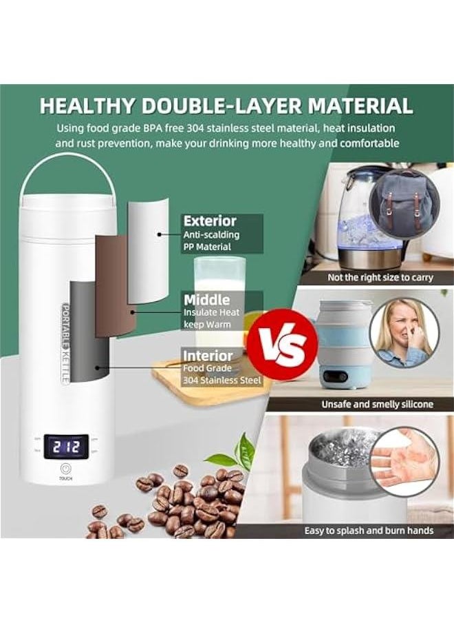 TRASSLE Portable Electric Kettle for Travel, Small Mini 500 ml Coffee Kettle Hot Water Boiler for Camping Travel,with 4 Temperature Control,304 Stainless Steel with Auto Shut-Off & Boil Dry Protection  - Image 5
