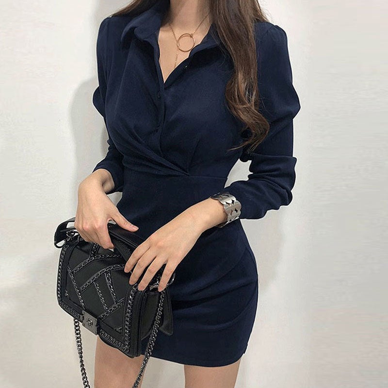 Korean Style Chic Autumn Elegant Elegant Polo Collar Pleated Design Long Sleeve Shirt dress Skirt Dark blue - Image 1