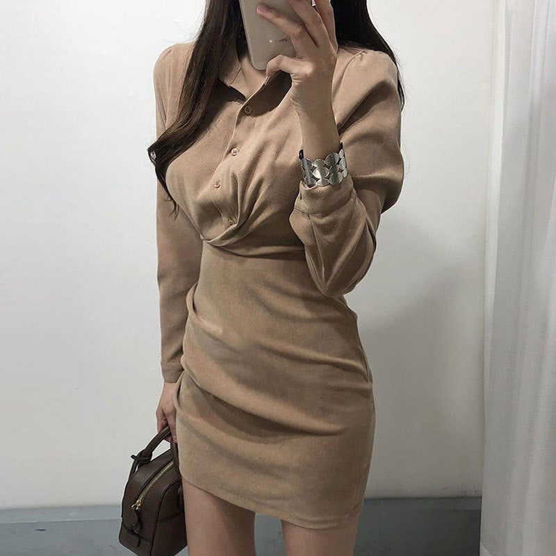 Korean Style Chic Autumn Elegant Elegant Polo Collar Pleated Design Long Sleeve Shirt dress Skirt Dark blue - Image 2