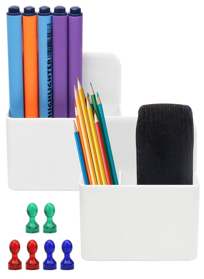 Catcan 2 Pack Magnetic Dry Erase Marker Holder, Magnetic Pencil Holder with 6 Pcs Magnetic Push Pins for School, Office, Home, Whiteboard, Fridge (White) - Image 1