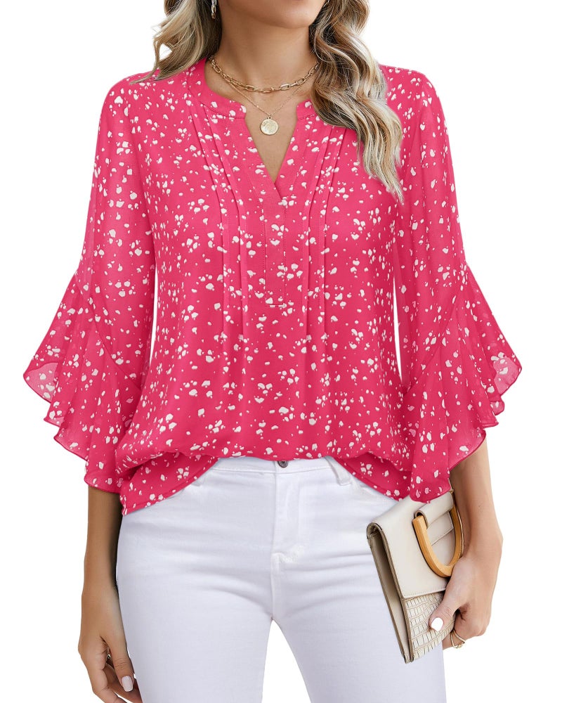 Timeson Womens Spring Tops: 3/4 Sleeve Business Casual Outfits - Women's Blouses - Work Shirt for Women Dressy Casual Summer Ladies Tops Chiffon Office Attire Professional Formal Outfits Raspberry L - Image 1