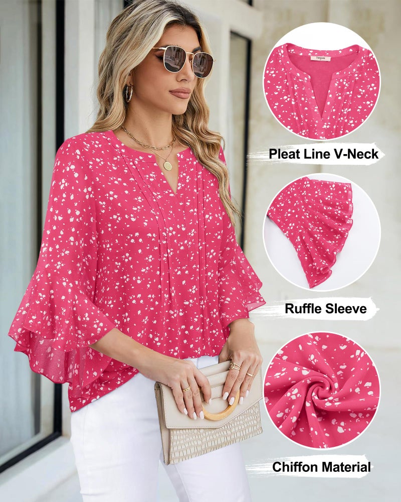 Timeson Womens Spring Tops: 3/4 Sleeve Business Casual Outfits - Women's Blouses - Work Shirt for Women Dressy Casual Summer Ladies Tops Chiffon Office Attire Professional Formal Outfits Raspberry L - Image 4