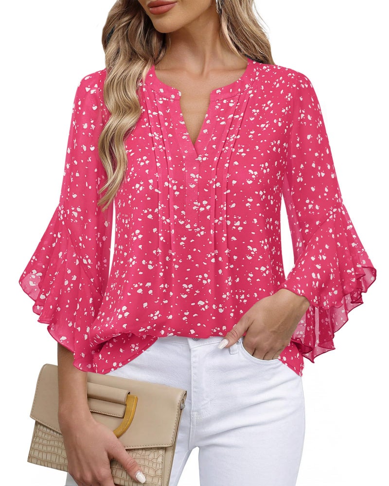 Timeson Womens Spring Tops: 3/4 Sleeve Business Casual Outfits - Women's Blouses - Work Shirt for Women Dressy Casual Summer Ladies Tops Chiffon Office Attire Professional Formal Outfits Raspberry L - Image 2