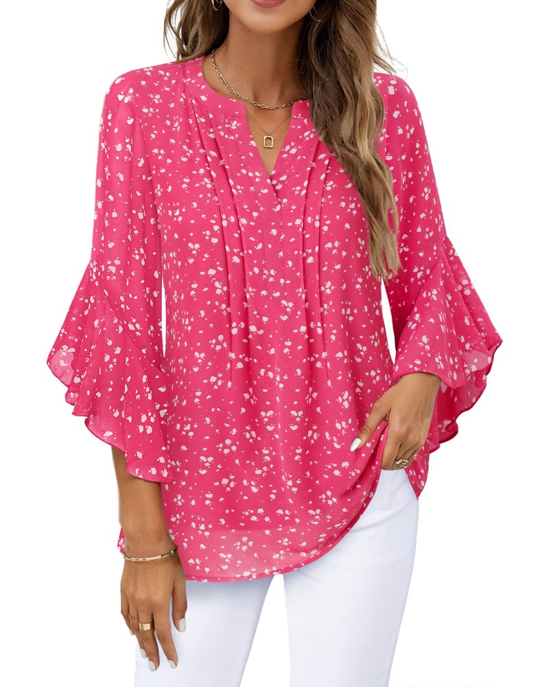 Timeson Womens Spring Tops: 3/4 Sleeve Business Casual Outfits - Women's Blouses - Work Shirt for Women Dressy Casual Summer Ladies Tops Chiffon Office Attire Professional Formal Outfits Raspberry L - Image 3