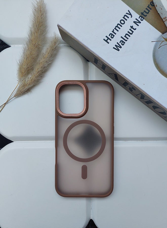 جراب مغناطيسي مقاوم للصدمات لهاتف iPhone 16 مع إطار معدني للكاميرا - غطاء مغناطيسي أنيق غير لامع للرجال والنساء والشباب ويدعم الماج سيف والشحن اللاسلكي - مضاد لبصمات الأصابع، وحماية للكاميرا، ومقاوم للسقوط (بني) - Image 1