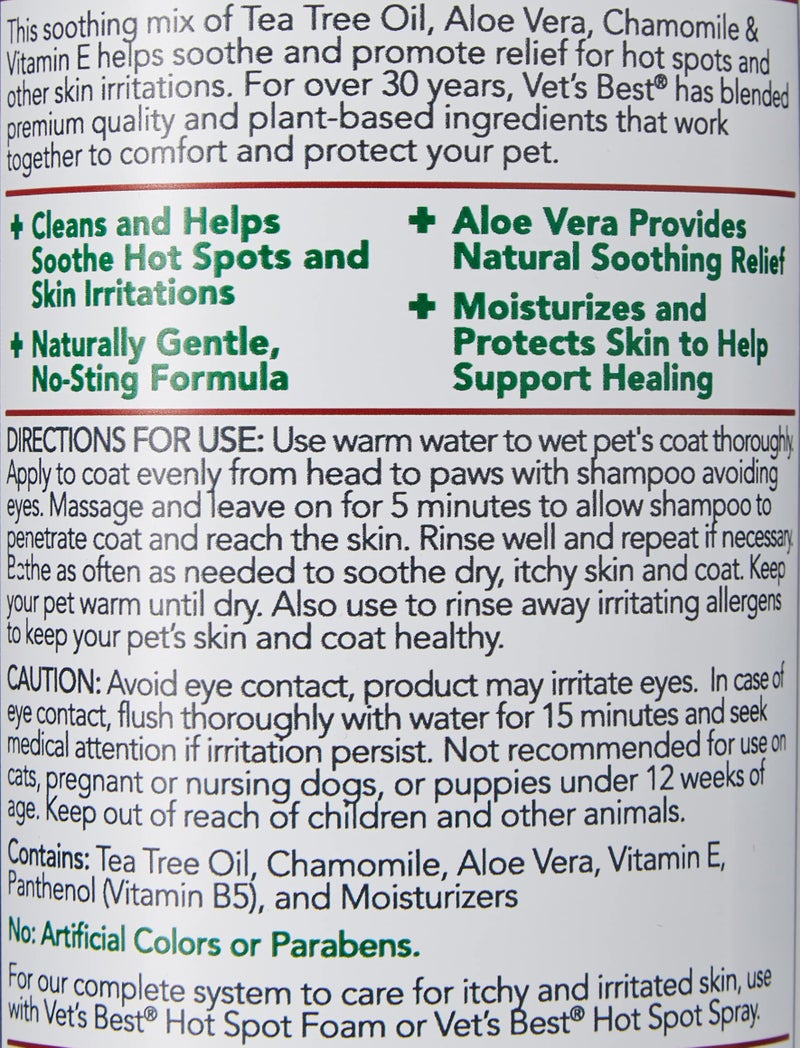 Vet's Best Hot Spot Itch Relief Shampoo for Dogs - Relieves Dog Dry Skin, Rash, Scratching, Licking, Itchy Skin, and Hot Spots - 16 Ounces