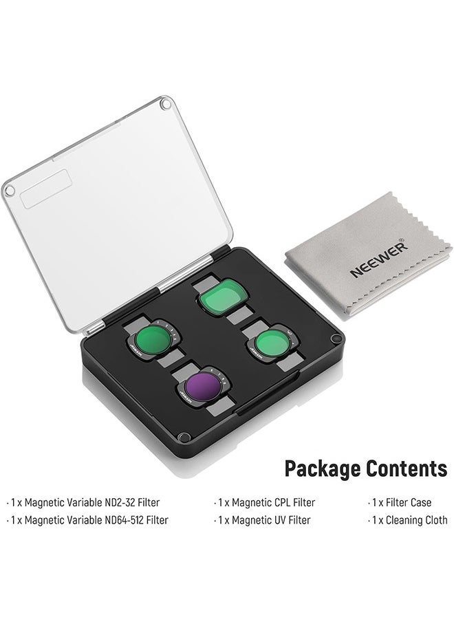 نيوير - مجموعة فلاتر ND متغيرة مغناطيسية من NEEWER متوافقة مع DJI OSMO Pocket 3، عبوة من 4 قطع UV CPL ND2-32 (1-5 توقف) ND64-512 (6-9 توقف) فلتر كثافة محايدة، زجاج بصري عالي الدقة متعدد الطبقات/إطار من الألومنيوم - Image 1