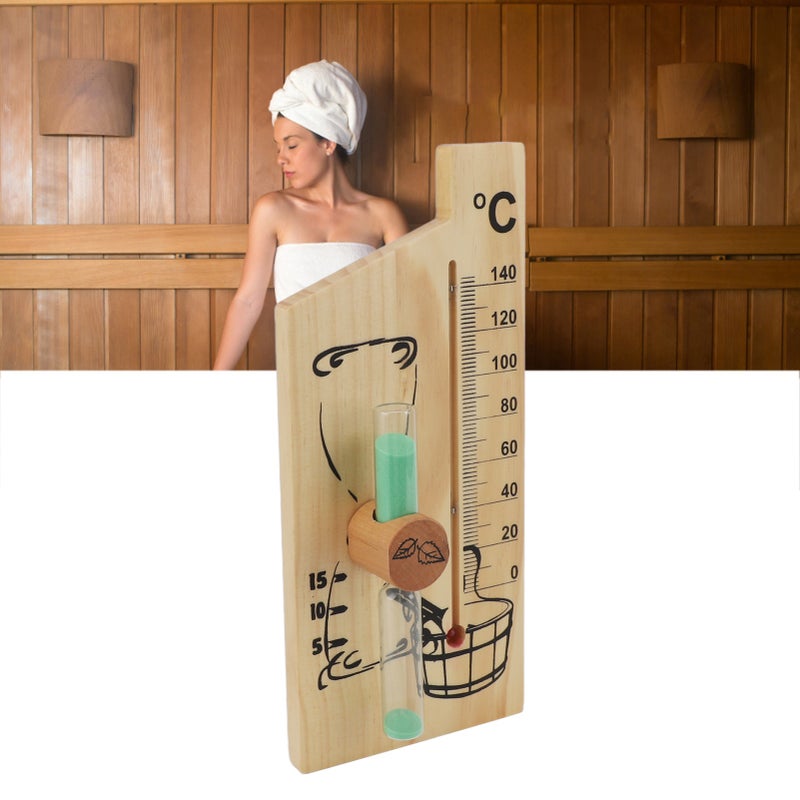 Sauna Thermometer Hourglass 15 Minute Sand Timer Golden Wood 0 to 140 Celsius Degree Temperature Gauge Wall Mount Sauna Accessory - Image 3