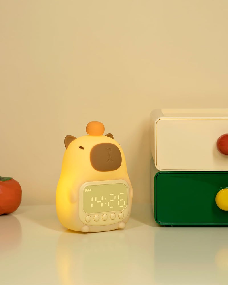 Aokpsrt Capybara Alarm Clock with Night Light for Kids Cute Toddler Alarm Clocks for Bedrooms Ok to Wake Clocks for Girls and Boys Rechargeable Silicone Animal Tabletop Lamp for Kid