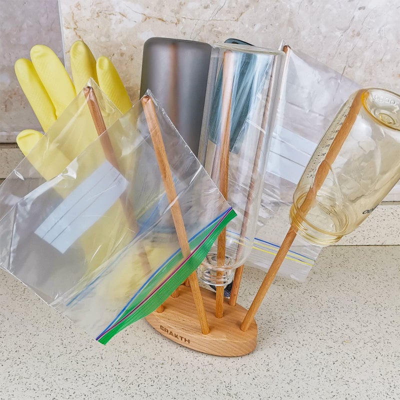 CRAKTH Plastic Bag and Bottle Drying Rack Reusable Ziplock and Freezer Bag Dryer Rack Space Saving Beech Wood