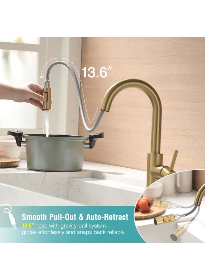 Cenosa Modern Bar Sink Faucet for Kitchen Sink Single Handle with Pull Out Sprayer Hot and Cold Prep Sink Faucet Brushed Gold - Image 4