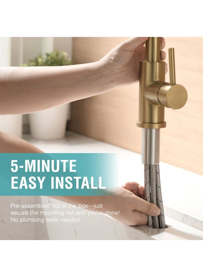 Cenosa Modern Bar Sink Faucet for Kitchen Sink Single Handle with Pull Out Sprayer Hot and Cold Prep Sink Faucet Brushed Gold - Image 3
