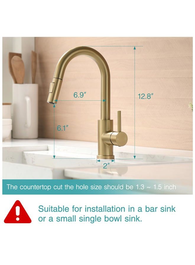 Cenosa Modern Bar Sink Faucet for Kitchen Sink Single Handle with Pull Out Sprayer Hot and Cold Prep Sink Faucet Brushed Gold - Image 2