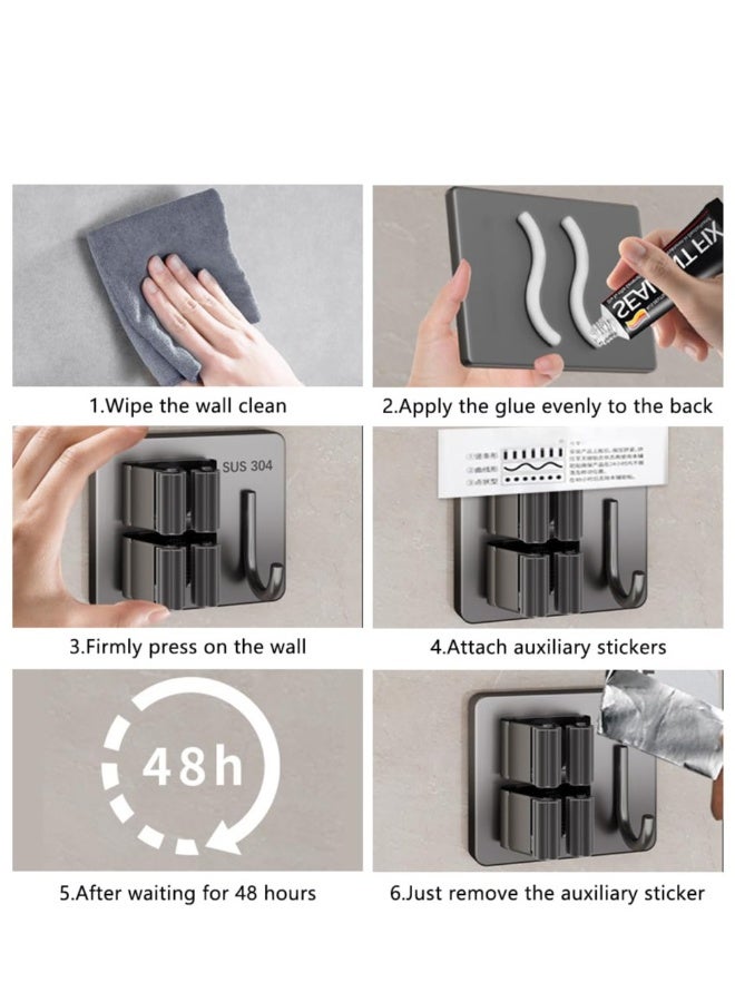 SYOSI Drill-Free Wall Mount Broom Holder, Wall Mounted Garden Tool Rack Organizer for Closet Garage Laundry Room Kitchen Decor With 4 Slots & 4 Hooks - Image 4