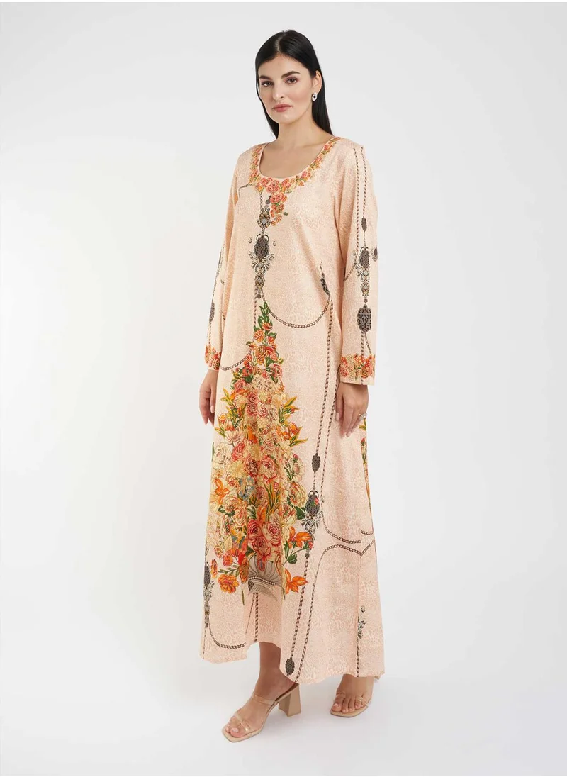 KASHKHA Flower Printed Jalabiya with Stone Work