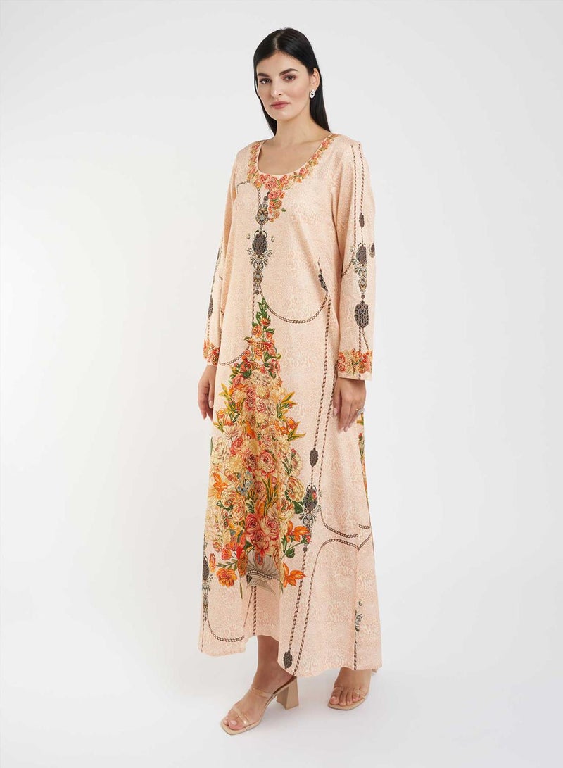 كشخة جلابية مطبوعة بالزهور مع تطريز حجري - Image 2