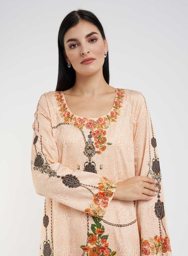 كشخة جلابية مطبوعة بالزهور مع تطريز حجري - Image 4