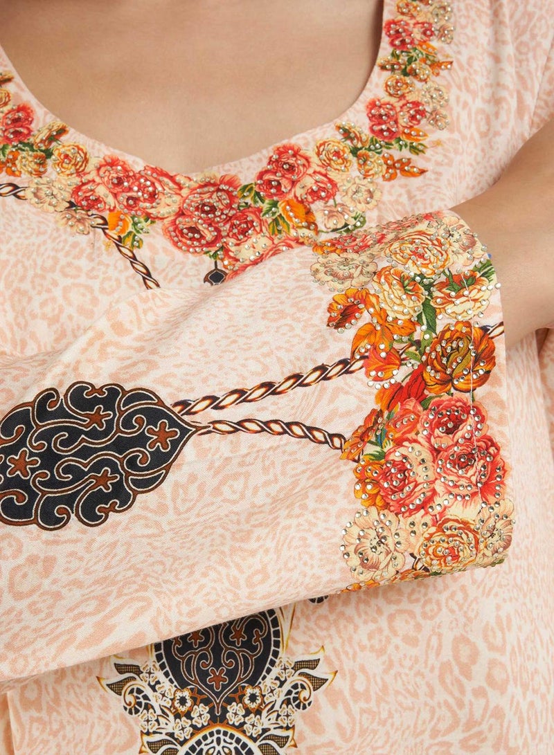 كشخة جلابية مطبوعة بالزهور مع تطريز حجري - Image 5