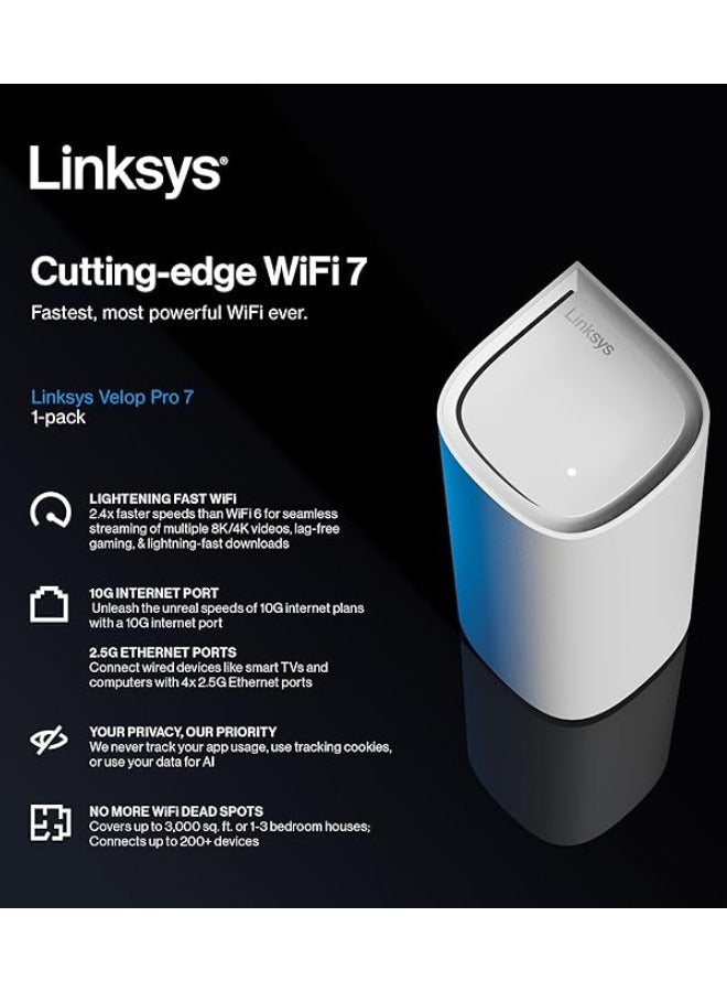 لينكسيس مجدد - جهاز توجيه واي فاي 7 ثلاثي النطاق Velop Pro 7 10G Mesh BE11000 - تغطية كاملة مع نظام الشبكة الإدراكية، سرعة جيجابت حقيقية تصل إلى 10 جيجابت في الثانية، إعداد بسيط، حتى 2,700 قدم مربع و 200 جهاز - 1x جهاز توجيه - Image 2