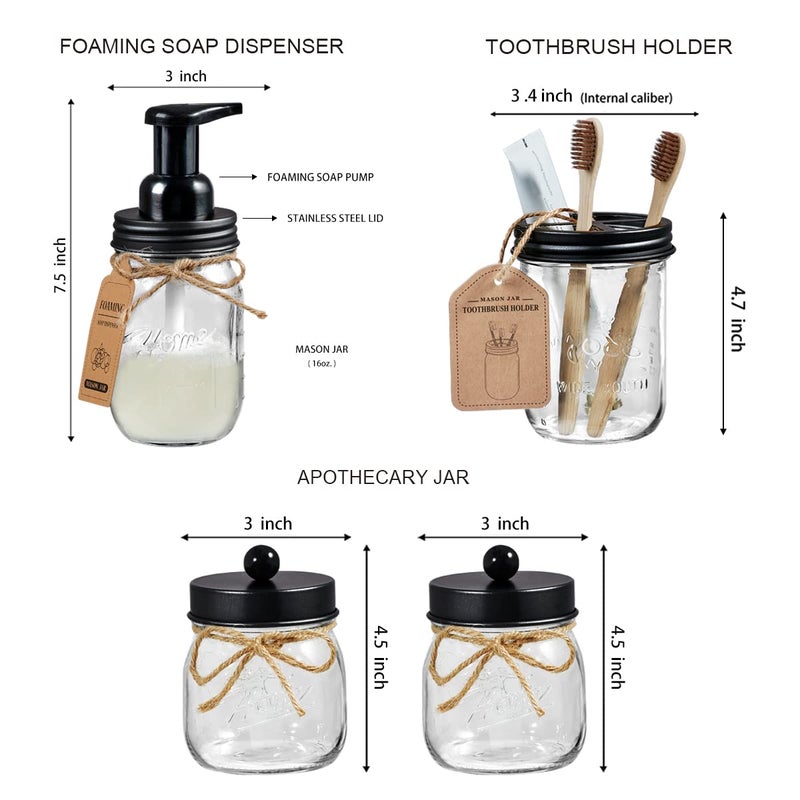 SheeChung 6Pack Mason Jar Bathroom Accessories Set - Foaming Soap Dispenser, Toothbrush Holder, 2Pack Qtip Holders, Bathroom Sink Set, Guest Towel Holder- Black - Image 4