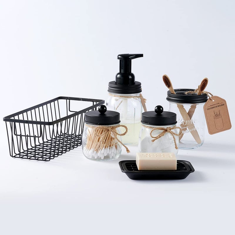 SheeChung 6Pack Mason Jar Bathroom Accessories Set - Foaming Soap Dispenser, Toothbrush Holder, 2Pack Qtip Holders, Bathroom Sink Set, Guest Towel Holder- Black - Image 2