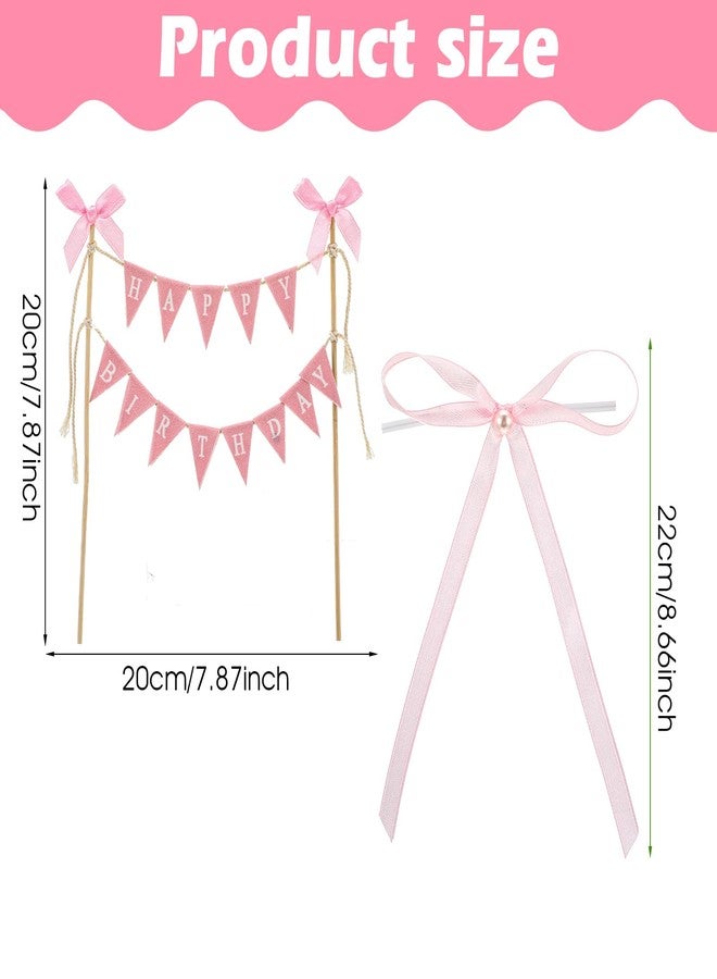 Qulkws 11 Pcs Bow Ribbon Cake Topper Happy Birthday Cake Topper Banner Happy Birthday Cakes Bunting Toppers with Wood Pole Handmade Pennant Flags with Bow Ribbon for Donut Cakes Cupcakes (Pink) - Image 4