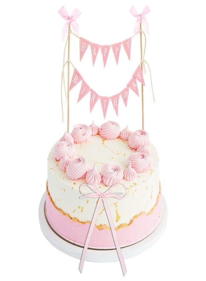 Qulkws 11 Pcs Bow Ribbon Cake Topper Happy Birthday Cake Topper Banner Happy Birthday Cakes Bunting Toppers with Wood Pole Handmade Pennant Flags with Bow Ribbon for Donut Cakes Cupcakes (Pink) - Image 1