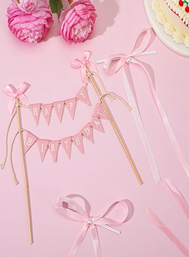 Qulkws 11 Pcs Bow Ribbon Cake Topper Happy Birthday Cake Topper Banner Happy Birthday Cakes Bunting Toppers with Wood Pole Handmade Pennant Flags with Bow Ribbon for Donut Cakes Cupcakes (Pink) - Image 3