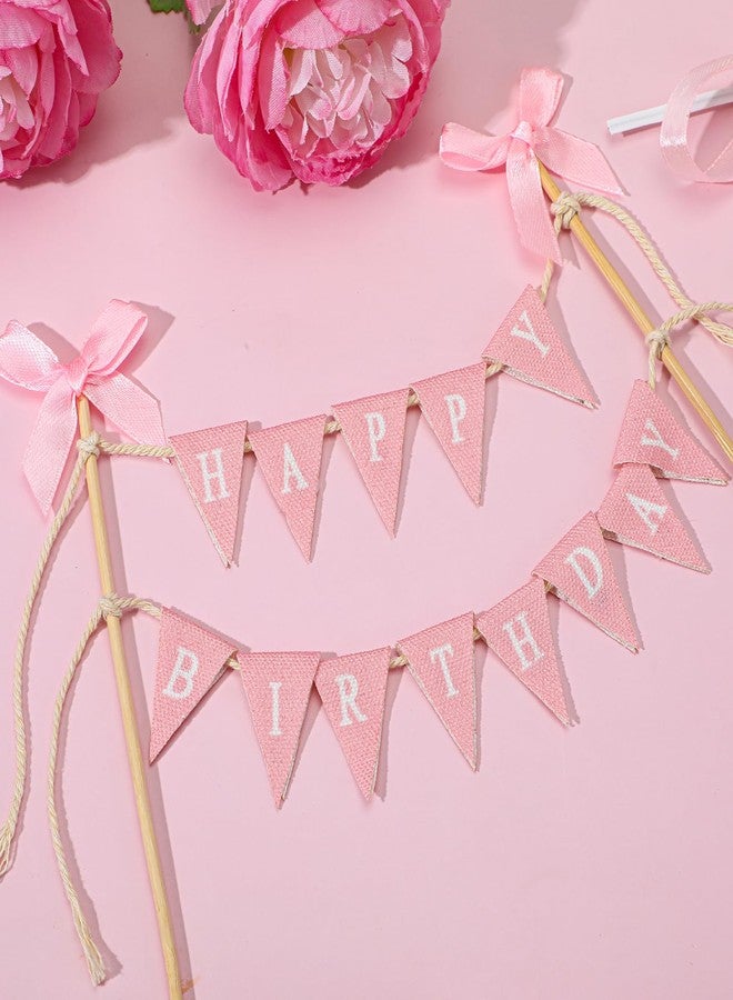 Qulkws 11 Pcs Bow Ribbon Cake Topper Happy Birthday Cake Topper Banner Happy Birthday Cakes Bunting Toppers with Wood Pole Handmade Pennant Flags with Bow Ribbon for Donut Cakes Cupcakes (Pink) - Image 2