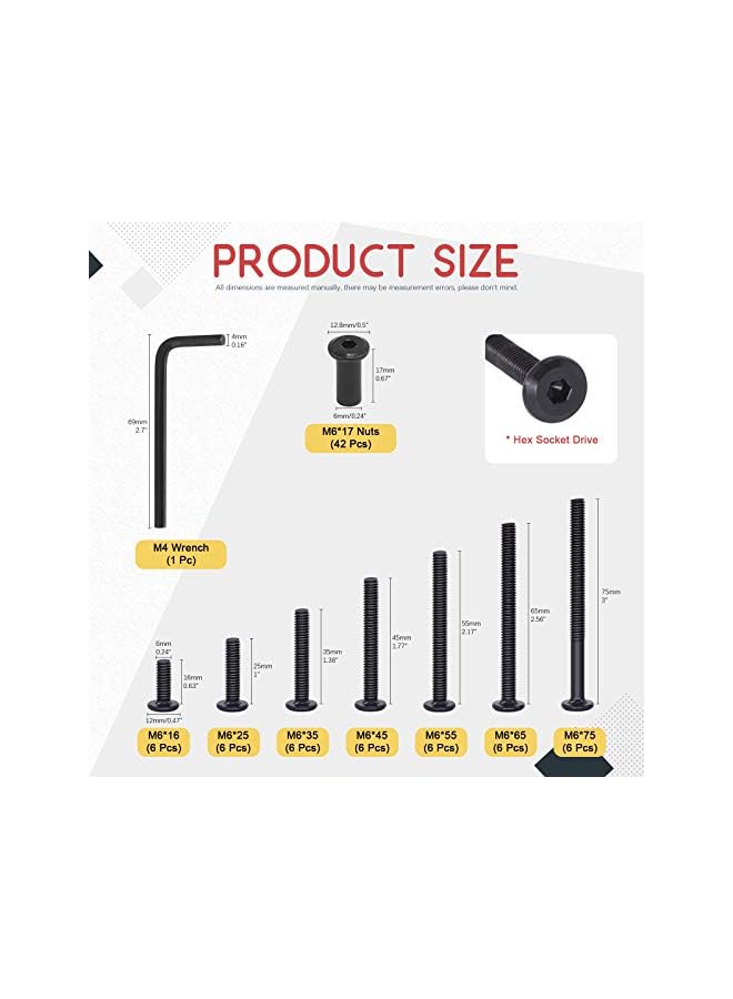 Hilitchi 84Pcs M6 Hex Drive Socket Cap Bolts Kit Countersunk Head Screws Bolts Dowel Barrel Nuts Crib Bolts Nuts Assortment Kit for Furniture Hardware Fitting (16/25/35/45/55/65/75mm) - Image 2