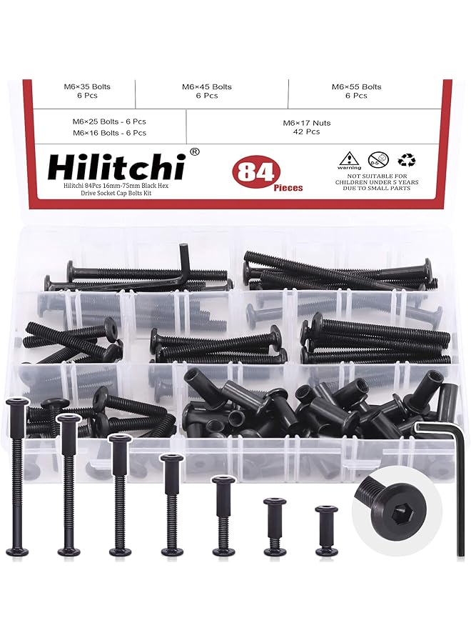Hilitchi 84Pcs M6 Hex Drive Socket Cap Bolts Kit Countersunk Head Screws Bolts Dowel Barrel Nuts Crib Bolts Nuts Assortment Kit for Furniture Hardware Fitting (16/25/35/45/55/65/75mm) - Image 1