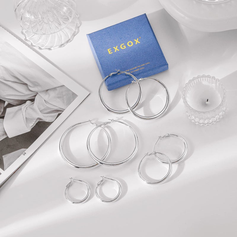 EXGOX Large Silver Hoop Earrings for Women Hypoallergenic Lightweight Chunky 925 Sterling Silver Hoop Earrings - Image 3