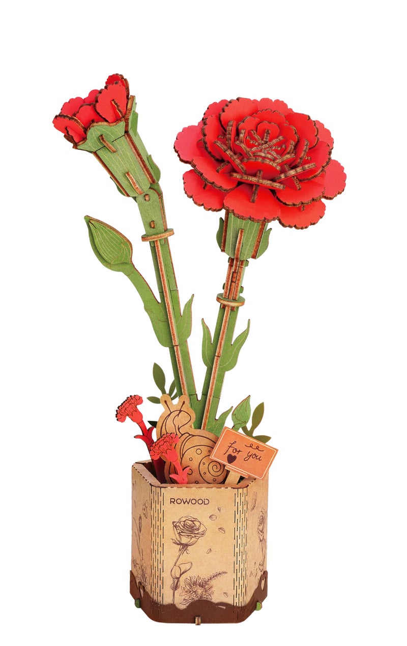 rowood 3D Puzzle Wooden FlowerDIY Artifical Flower Building Set Craft Kit for WomenMothers DayValentines DayTeachers DayThanksgivingChristmasBirthday Gift for MomGrandmaRed Carnation - Image 3