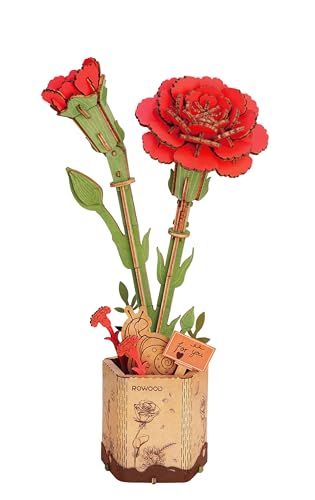 rowood 3D Puzzle Wooden FlowerDIY Artifical Flower Building Set Craft Kit for WomenMothers DayValentines DayTeachers DayThanksgivingChristmasBirthday Gift for MomGrandmaRed Carnation - Image 1