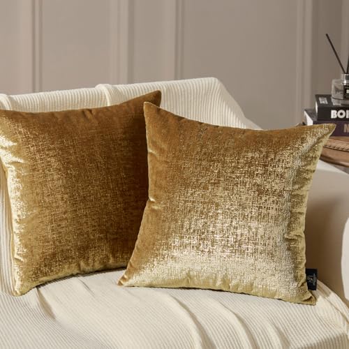 Phantoscope Pack of 2 Sparkling Velvet Decorative Solid Throw Decorative Pillow Cover Soft Gold Glitter Square Cushion Cover Pillowcase for Couch Bed and Chair, Gold, 18 x 18 inches, 45 x 45 cm - Image 1