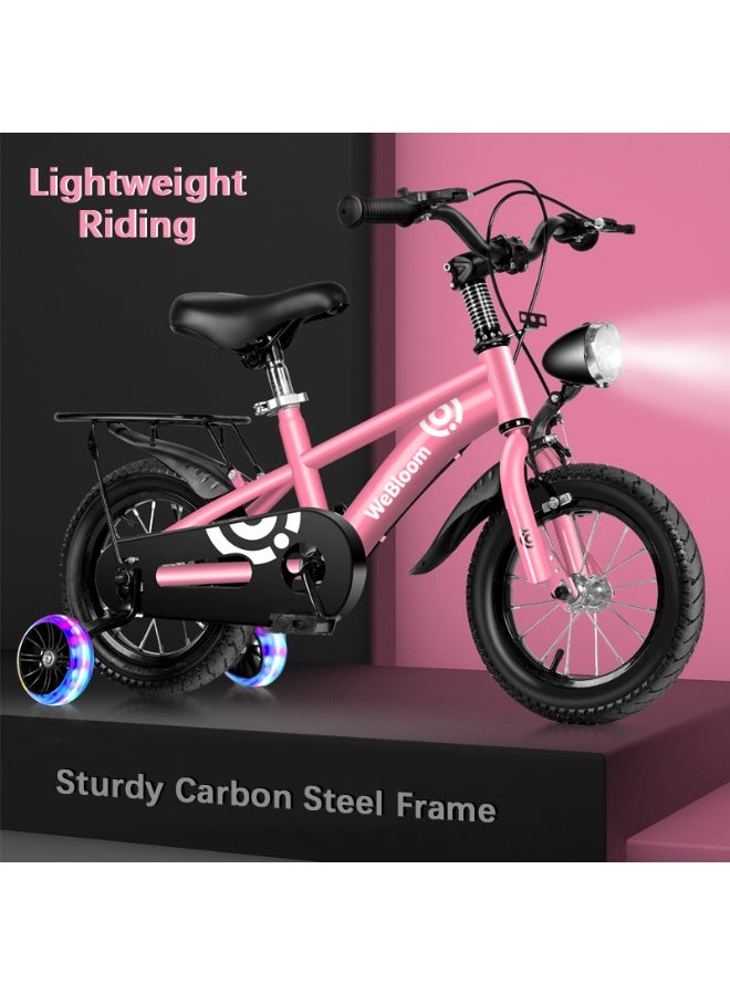 WeBloom 12 Inch Pink Kids Bicycle with LED HeadLight Spoked Wheels And Flashing Training Wheels High Carbon Steel Children's Bike for 2-5 Years Old Riding Adventures - Image 1