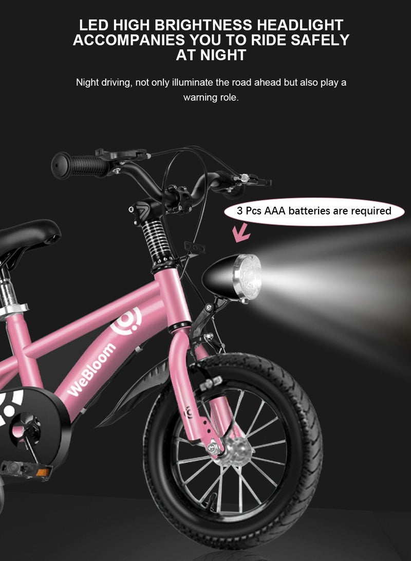 WeBloom 12 Inch Pink Kids Bicycle with LED HeadLight Spoked Wheels And Flashing Training Wheels High Carbon Steel Children's Bike for 2-5 Years Old Riding Adventures - Image 4