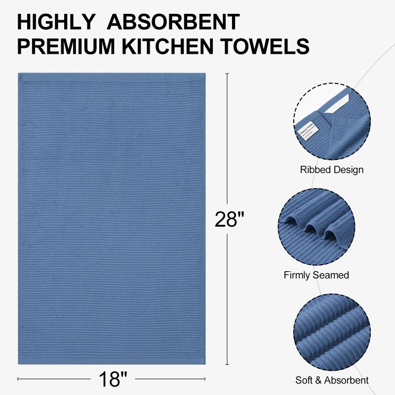 Homaxy Premium Kitchen Towels (18"x 28", 6 Pack), Large 100% Cotton Kitchen Hand Towels, Ultra Absorbent Ribbed Terry Tea Towels Set with Hanging Loop, Navy Blue - Image 2