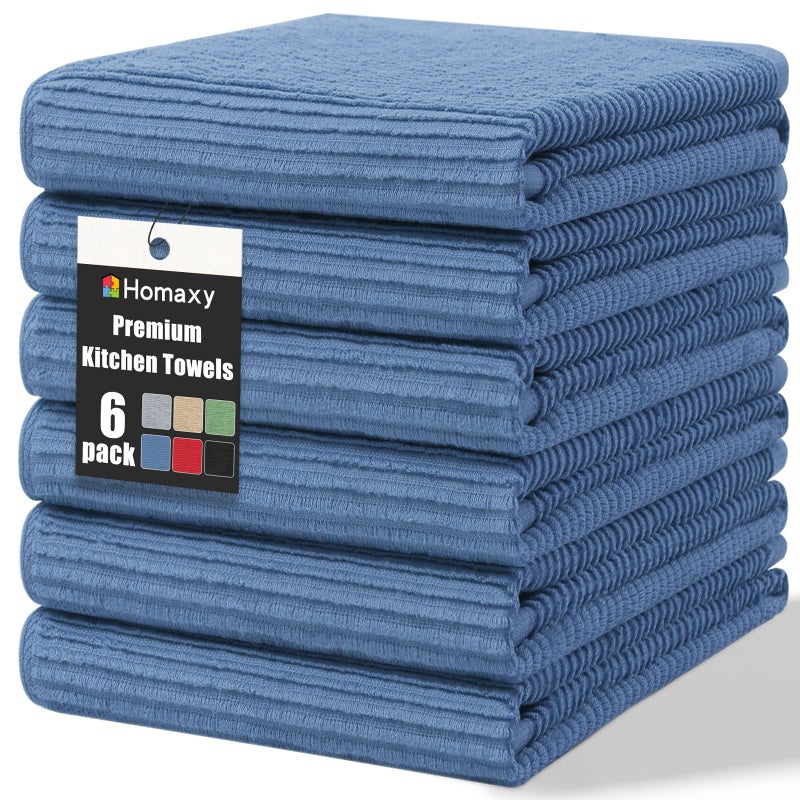 Homaxy Premium Kitchen Towels (18"x 28", 6 Pack), Large 100% Cotton Kitchen Hand Towels, Ultra Absorbent Ribbed Terry Tea Towels Set with Hanging Loop, Navy Blue - Image 1