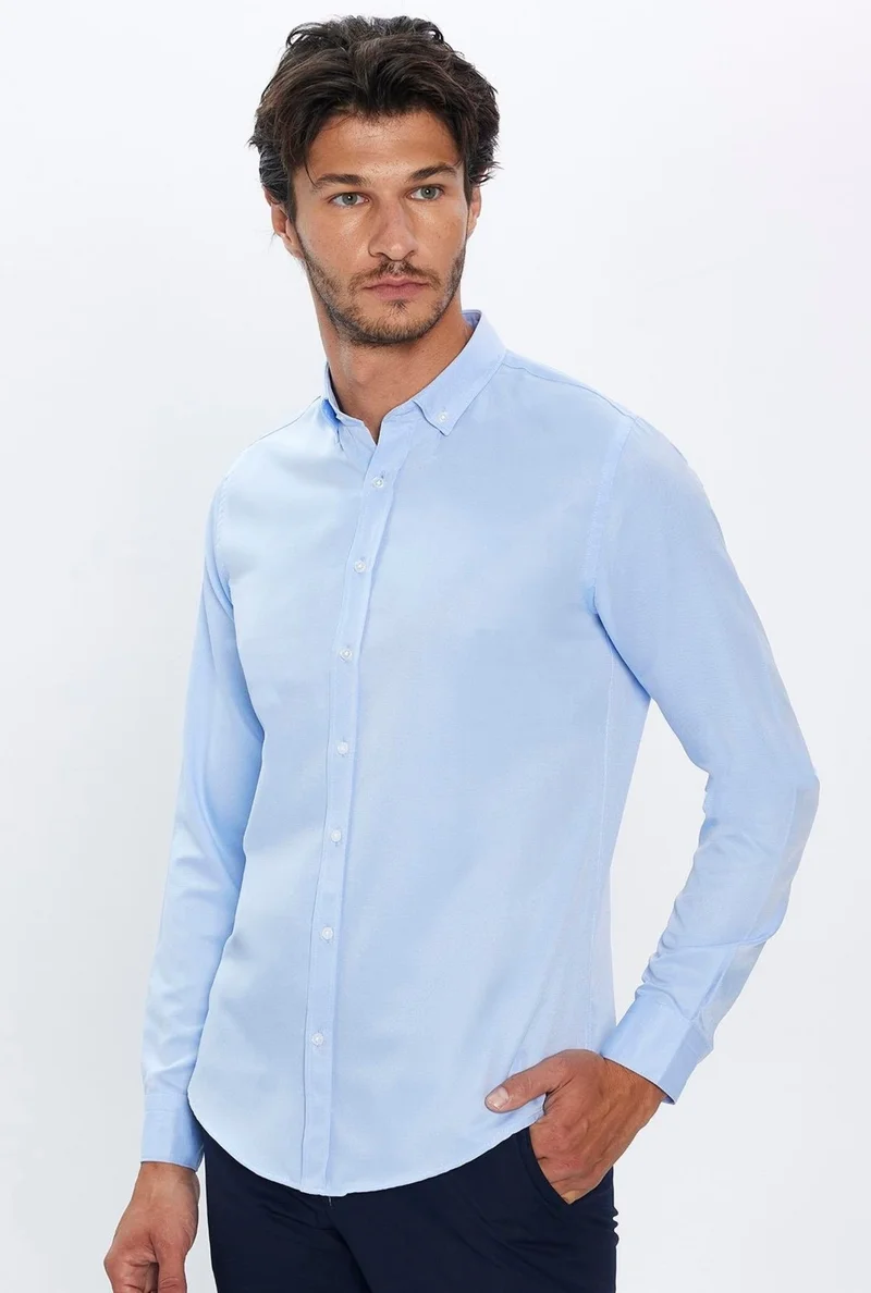 تودورس Men's Slim Fit Slim Fit Long Sleeve Cotton Easy Iron Blue Button Down Collar Shirt