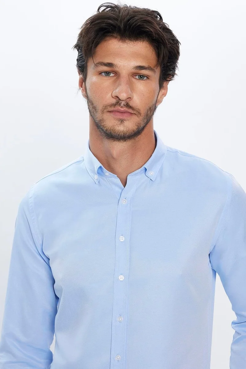 تودورس Men's Slim Fit Slim Fit Long Sleeve Cotton Easy Iron Blue Button Down Collar Shirt